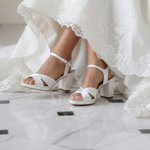 White wedding dress with a focus on the shoes worn by a bride.