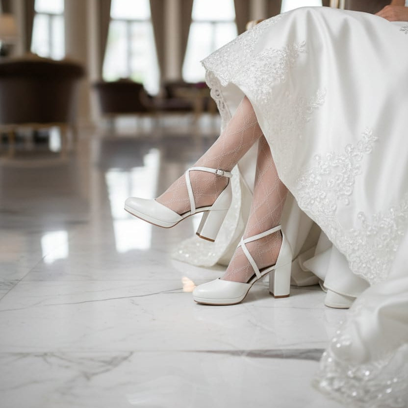 Person in a white dress sitting on a chair with white shoes in a elegant indoor setting.