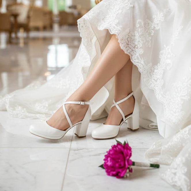 Bride in a white wedding dress with white Bridal shoes Low Heel Beirut Lebanon