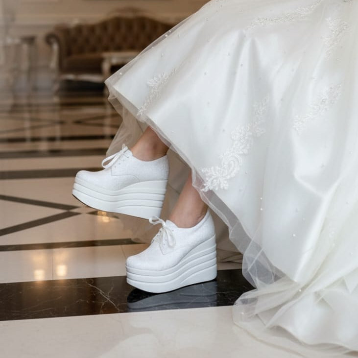 white dress and platform bridal sneakers  shoes 